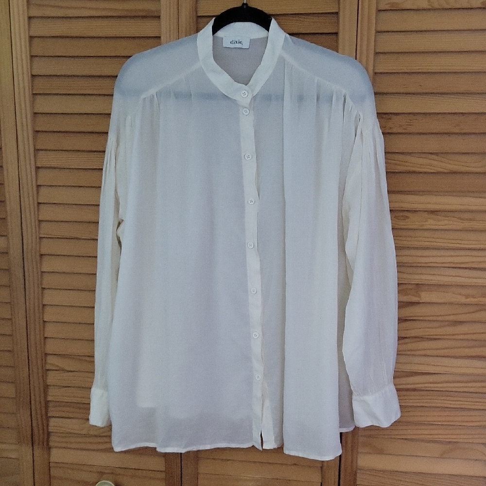 Dixie White Cream Oversized Sheer Cotton Button Balloon Sleeve Blouse Size M